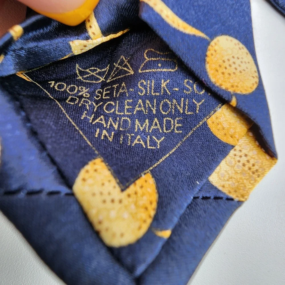 Italo Ferretti Tie 100% Silk Hand Made in‎ Italy Modern Big Polka Dot Blue Gold